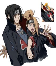  2boys akatsuki_uniform black_coat black_hair blonde_hair blue_eyes chasenmage coat deidara_(naruto) dong2taku forehead_protector highres iwagakure_symbol jewelry konohagakure_symbol long_hair male_focus motoyui multiple_boys naruto_(series) naruto_shippuuden necklace rasengan red_eyes ring simple_background tongue tongue_out uchiha_itachi white_background 