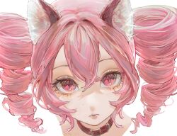 1girl amel_303 animal_collar animal_ear_fluff animal_ears cat_ears cat_girl closed_mouth collar colored_eyelashes double-parted_bangs drill_hair expressionless eyelashes fang hair_between_eyes highres kasane_teto kemonomimi_mode looking_at_viewer portrait red_eyes red_hair simple_background solo twin_drills utau white_background 