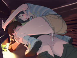 1boy 1girl 2equal8 ass black_hair blush censored kodomo_doushi clothed_sex clothing_aside cum cum_in_pussy cutoffs flat_chest girl_on_top hetero highres loli original penis pussy pussy_juice sawada_kanako sex shirt short_shorts shorts shorts_aside shota striped_clothes striped_shirt vaginal rating:Explicit score:783 user:shimpo