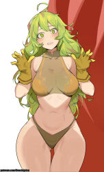 1girl ahoge blush boku_no_hero_academia breasts deku&#039;s_photo_of_hagakure_toru dr_octojuice embarrassed gloves green_eyes green_hair hagakure_toru highleg highleg_panties highres large_breasts long_hair messy_hair navel official_alternate_costume panties sports_bra thick_thighs thighs underwear wide_hips  rating:Sensitive score:29 user:danbooru