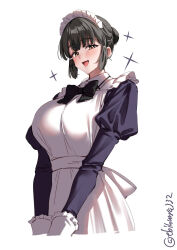  1girl apron artist_name black_bow black_bowtie black_dress black_hair blush bow bowtie breasts brown_eyes commentary_request dress ebifurya frilled_apron frills hair_bun hair_ornament highres juliet_sleeves kantai_collection large_breasts long_sleeves looking_at_viewer maid_apron maid_headdress myoukou_(kancolle) one-hour_drawing_challenge open_mouth puffy_sleeves short_hair sidelocks simple_background single_hair_bun smile solo sparkle sparkling_aura twitter_username white_apron white_background white_headdress 