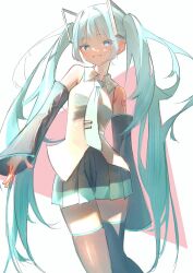  1girl aqua_hair aqua_necktie bare_shoulders black_boots black_skirt blue_eyes boots commentary detached_sleeves hashtag-only_commentary hatsune_miku highres kurukuru1202kr long_hair looking_at_viewer necktie number_tattoo pleated_skirt shirt shoulder_tattoo skirt sleeveless sleeveless_shirt smile solo tattoo thigh_boots twintails vocaloid 