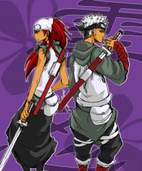  1boy 1girl back-to-back baggy_pants bandana blonde_hair dark_skin hood hoodie karui_(naruto) long_hair naruto_(series) naruto_shippuuden ninja ninjatou omoi_(naruto) panko_(pantherkick) pants red_hair scabbard sheath short_sword sword unsheathing weapon white_hair yellow_eyes  rating:Sensitive score:22 user:dbaez2