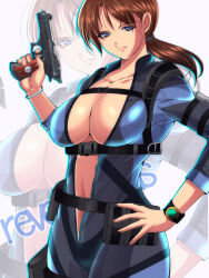  1girl blue_eyes bodysuit breasts brown_hair cleavage diving_suit full-length_zipper gun hand_on_own_hip handgun highres holding holding_gun holding_weapon jill_valentine large_breasts long_hair looking_at_viewer low_ponytail ponytail resident_evil resident_evil:_revelations ri~hu unzipped weapon wetsuit zipper 