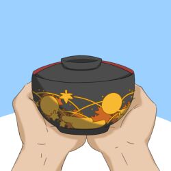  1other blue_background bowl commentary_request highres holding holding_bowl malivien pov pov_hands sukuna_shinmyoumaru touhou two-tone_background white_background 
