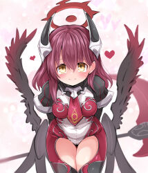  black_wings breasts emil_chronicle_online halo heart highres horns huyusilver kama_(weapon) leaning_forward looking_at_viewer medium_breasts mitama_celes necktie red_hair red_halo red_necktie sickle thighs wings yellow_eyes 
