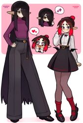  +_+ 2girls 3: absurdres belt black_hair black_pants black_pantyhose black_shoes black_skirt blush braid breasts brown_hair buckle character_name chibi chibi_inset commentary crown_braid earrings eleanor_(justadrian) english_commentary fangs full_body hair_over_one_eye hand_on_own_hip hand_up heart heart-shaped_buckle height highres jewelry justadrian_(yoadriandk) licorice_(justadrian) long_hair long_legs long_pointy_ears long_sleeves looking_at_viewer mary_janes medium_breasts multiple_girls original pale_skin pants pantyhose pink_background pointy_ears purple_eyes purple_sweater red_hair red_socks shirt shoes simple_background skirt socks spoken_heart spoken_sparkle standing suspender_skirt suspenders sweater thumbs_up turtleneck turtleneck_sweater very_long_hair wavy_mouth white_background white_shirt 