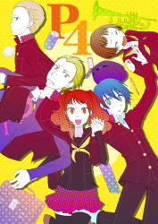  2boys 3girls atlus blonde_hair blue_hair book brown_hair can cellphone closed_eyes cream_puff drink_can earrings food hat holding_hands instrument jewelry jojenny konishi_naoki kujikawa_rise matsunaga_ayane megami_tensei multiple_boys multiple_girls pencil persona persona_4 phone red_hair school_uniform shin_megami_tensei shirogane_naoto short_hair soda_can tatsumi_kanji trumpet twintails 