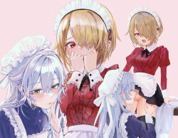  2girls apron apron_lift arm_at_side arms_up black_bow black_bowtie black_skirt black_thighhighs blonde_hair blue_shirt blush bow bowtie breasts buttons closed_eyes clothed_sex clothes_lift collared_shirt commentary_request covering_own_mouth cowboy_shot cunnilingus frilled_apron frilled_shirt frills glasses green_eyes grey_hair groin hair_between_eyes hair_over_one_eye half_updo hand_on_another&#039;s_thigh hand_on_table hand_up hands_up hat hat_ribbon heaven_burns_red highres izumi_yuki_(heaven_burns_red) juliet_sleeves kayamori_ruka licking licking_finger lifting_own_clothes long_hair long_sleeves looking_ahead looking_at_another looking_down maid maid_headdress medium_breasts miniskirt mob_cap multiple_girls multiple_views no_panties one_eye_covered open_mouth oral pink_background puffy_sleeves pussy pussy_juice pussy_juice_in_mouth pussy_juice_on_fingers raised_eyebrows red_eyes red_shirt ribbon rimless_eyewear round_eyewear saliva shirt short_hair shroomia simple_background skirt skirt_lift standing standing_cunnilingus table thighhighs tongue tongue_out upper_body waist_apron white_apron white_hat white_ribbon yuri 