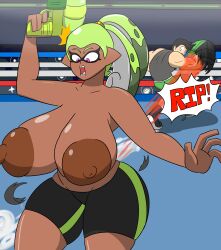 1boy 1girl ass black_hair breasts dark-skinned_female dark_skin english_text fighting green_hair huge_ass huge_breasts interracial long_hair mr.hideout muscular muscular_male nintendo nipples ponytail short_hair speech_bubble splatoon_(series) tentacle_hair topless_female torn_clothes