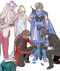  2girls 3boys armor bandana black_hair blonde_hair closed_eyes crystal dirge_of_cerberus_final_fantasy_vii dress earrings final_fantasy final_fantasy_ii final_fantasy_vi final_fantasy_vii final_fantasy_xv firion genesis_rhapsodos gloves grey_hair highres holding in-franchise_crossover jewelry long_hair lunafreya_nox_fleuret multiple_boys multiple_girls necklace newb_ff7r noctis_lucis_caelum open_mouth ponytail short_hair squatting standing tina_branford white_background white_dress 