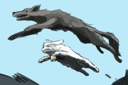  animal_focus bell chirin chirin_no_suzu day horns jumping open_mouth outdoors serious sheep uninori woo_(chirin_no_suzu) yellow_eyes 