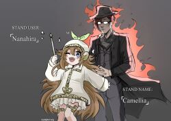  1boy 1girl 4orce! absurdres black_coat blue_eyes bow brown_hair camellia_(cametek) camellia_(musician) character_name coat commentary english_commentary english_text esperfive fedora fire glasses green_bow grey_background hat height_difference highres indie_utaite jacket jojo_no_kimyou_na_bouken long_hair meme nanahira official_alternate_costume one_eye_closed own_hands_together real_life red_hair short_hair simple_background skirt stand_(jojo) utaite very_long_hair white_hat white_jacket white_skirt 