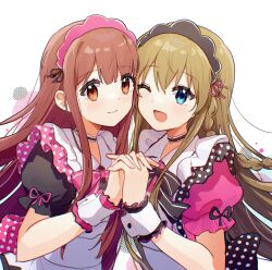  2girls absurdres blue_eyes blush braid brown_eyes brown_hair choker closed_mouth dress frilled_choker frills highres holding_hands idolmaster idolmaster_million_live! interlocked_fingers kousaka_umi long_hair looking_at_viewer maid maid_headdress multiple_girls nnnn one_eye_closed open_mouth puffy_short_sleeves puffy_sleeves short_sleeves simple_background smile tanaka_kotoha upper_body white_background white_wrist_cuffs wrist_cuffs 