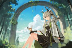  1girl absurdres antlers arch arknights black_dress black_eyes black_gloves chinese_commentary closed_mouth cloud commentary_request day dress dry_samiry feet_out_of_frame firewatch_(arknights) gloves grey_hair grey_jacket hand_on_own_knee highres horns jacket medium_hair open_clothes open_jacket outdoors plant ponytail solo tree 