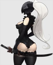 1girl ass black_thighhighs breasts cowboy_shot dark_souls_(series) dark_souls_iii detached_sleeves elbow_gloves female_focus frills from_behind gauntlets gloves grey_background helmet holding holding_sword holding_weapon katana leotard long_hair medium_breasts ponytail scathegrapes sheath sheathed silver_hair simple_background solo sword thick_thighs thighhighs thighs weapon wide_hips yuria_of_londor rating:Questionable score:92 user:danbooru