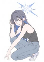  1girl alternate_costume bare_arms bare_shoulders black_hair black_tank_top blue_archive blue_eyes blue_hair blue_halo blush colored_inner_hair denim halo hand_in_own_hair highres jeans looking_at_viewer momonexmomo multicolored_hair on_one_knee open_mouth pants saori_(blue_archive) shoes solo tank_top two-tone_hair white_shoes 