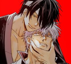  2boys bandage_over_one_eye bandaged_head bandages black_hair black_kimono cheek_squash clenched_teeth closed_mouth collarbone gintama grabbing_another&#039;s_chin hair_between_eyes hand_on_another&#039;s_chin hand_on_another&#039;s_face japanese_clothes kimono looking_at_another male_focus multiple_boys pectoral_cleavage pectorals red_background red_eyes sakata_gintoki sakurana short_hair smile sweatdrop takasugi_shinsuke teeth upper_body white_hair yaoi yellow_eyes 