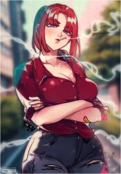  1girl bandaid bandaid_on_arm blue_eyes breasts delinquent denim highres inui_ichiko jeans kagetsu_tooya large_breasts maewenmitzuki pants red_hair red_shirt shirt short_hair sleeves_rolled_up smoke smoking solo tobacco torn_clothes torn_jeans torn_pants tsukihime 