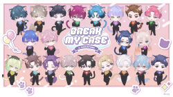  6+boys :&lt; :3 :p ;3 ahoge aizawa_shinobu_(break_my_case) animal_ear_fluff animal_ears aqua_bow aqua_bowtie arima_kiho arm_behind_back balloon black_eyes black_hair black_jacket black_pants black_shoes blonde_hair blue_bow blue_bowtie blue_eyes blue_hair blunt_bangs blush bow bowtie break_my_case brown_hair cat_boy cat_ears cat_tail chibi chibi_only closed_eyes closed_mouth coattails colored_eyelashes copyright_name copyright_notice crossed_arms curtained_hair date_yukimura diagonal_bangs ear_piercing earrings everyone frown full_body fushimi_shizuka glasses gradient_hair green_bow green_bowtie green_eyes green_hair grey-framed_eyewear grey_shirt hair_between_eyes hand_on_own_elbow hand_on_own_hip hand_up handkerchief hands_on_own_hips hands_up head_tilt hinomiya_akehoshi holding_own_tail ichikawa_haruhi jacket jewelry kamiya_(break_my_case) kanno_yuragi kise_yuzuru kosaka_ai large_tail long_hair long_sleeves looking_at_viewer male_focus manami_urara medium_hair mikado_takeru_(break_my_case) mole mole_under_eye mole_under_mouth multicolored_hair multiple_boys nail_polish namco_namja_town niina_yu official_art okiya_sei onda_tomose one_eye_closed open_mouth orange_bow orange_bowtie pants parted_bangs parted_lips paw_pose paw_print piercing pink_bow pink_bowtie pink_eyes pink_hair pink_nails purple_bow purple_bowtie purple_hair rectangular_eyewear red_bow red_bowtie red_eyes roots_(hair) shidou_kyouya shinkai_soyogu shirt shoes short_hair simple_background single_earring smile sparkle standing striped_tail suou_roka swept_bangs tail tareme tateshina_riku tongue tongue_out traditional_bowtie tsukimoto_taiga tsurime tuxedo two-sided_fabric ukyou_mao undercut very_short_hair white_hair yashiro_tougo yellow_bow yellow_bowtie yellow_eyes 
