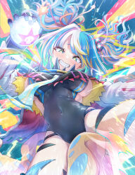  1girl bomb breasts copyright_request explosive highres holding holding_bomb kamiya_zuzu multicolored_hair navel one-piece_swimsuit short_twintails sideboob sideboob_cutout smile swimsuit twintails 