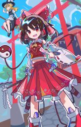  2girls :d absurdres ascot bakeneko1212 between_fingers blonde_hair bow brown_hair cloud commentary day detached_sleeves frilled_bow frilled_hair_tubes frills gohei hair_bow hair_tubes hakurei_reimu hakurei_shrine highres holding holding_gohei holding_ofuda kirisame_marisa long_sleeves looking_at_viewer mary_janes midriff_peek multiple_girls navel ofuda ofuda_between_fingers open_mouth orb outdoors pleated_skirt red_bow red_eyes red_shoes red_skirt red_vest ribbon-trimmed_sleeves ribbon_trim shoes short_hair sitting sitting_on_torii skirt sky smile socks standing stone_wall torii touhou tree vest white_sleeves white_socks wide_sleeves yellow_ascot yin_yang yin_yang_orb 