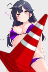  1girl ? absurdres bikini black_hair blurry breasts brown_eyes commentary_request depth_of_field grey_background hair_ornament hairclip highres kantai_collection large_breasts long_hair nitamako_(sakamalh) purple_bikini solo standing swimsuit traffic_cone ushio_(kancolle) 