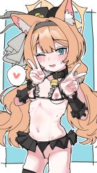  1girl absurdres adapted_costume animal_ear_fluff animal_ears black_hairband black_hat black_thighhighs blue_archive blue_background blue_eyes breasts cat_ears cat_girl cupless_bikini double_v frontal_wedgie hairband halo hands_up hat heart highres long_hair looking_at_viewer low_twintails mari_(blue_archive) mari_(idol)_(blue_archive) navel nipples one_eye_closed open_mouth orange_hair orange_halo poyo154297 simple_background sketch small_breasts solo speech_bubble spoken_heart thighhighs twintails v wedgie 