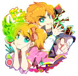  1boy 1girl aqua_eyes blonde_hair bow bt_(ma_shounen_bt) card cosmetics creator_connection crossover gorgeous_irene gorgeous_irene_(character) hair_bow hat head_rest lipstick ma_shounen_bt makeup marble_(toy) mini_hat mini_top_hat nail_polish_bottle playing_card pointing sadahara_inako side_ponytail simple_background smile top_hat white_background 