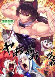  1boy 3girls :3 alternate_hairstyle alternate_muscle_size ange_katrina ange_katrina_(1st_costume) animal_ears armpits banken_(inui_toko) bar_censor bare_arms bare_shoulders bird black_bow black_bowtie black_leotard blue_hair blue_neckerchief blunt_bangs bow bowtie breasts breasts_apart brown_hair brown_pantyhose censored censored_identity character_request closed_mouth collarbone colored_inner_hair commentary_request covered_abs crossdressing crying detached_collar dog_ears double_biceps_pose emphasis_lines explosion explosion_background flexing groin hair_intakes hair_ornament hands_up highres horrified inui_toko leotard lize_helesta lize_helesta_(1st_costume) long_hair looking_at_viewer monocle morisaki_jiro multicolored_hair multiple_girls muscular muscular_female muscular_male neckerchief nijisanji open_mouth pantyhose playboy_bunny ponytail purple_eyes raised_inner_eyebrows red_eyes red_hair red_rope rope sanbaka_(nijisanji) sebastian_piyodore shimenawa short_hair sidelocks small_breasts smile sparkle speech_bubble strapless strapless_leotard streaked_hair streaming_tears tears teeth thick_neck tongue tongue_out translation_request triangle_hair_ornament two-tone_hair v-shaped_eyebrows very_long_hair virtual_youtuber white_hair wide-eyed yellow_bird yellow_eyes 