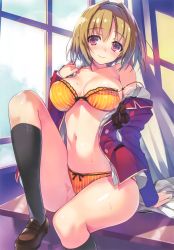 1girl absurdres bare_shoulders black_socks blush bra breasts brown_hair collarbone desk female_focus highres huge_filesize indoors kneehighs kushida_kikyou large_breasts lingerie loafers looking_at_viewer no_pants off_shoulder official_art on_desk panties red_eyes ribbon school_desk school_uniform shoes short_hair sitting skirt smile socks solo tomose_shunsaku underwear unworn_skirt window youkoso_jitsuryoku_shijou_shugi_no_kyoushitsu_e rating:Explicit score:89 user:danbooru