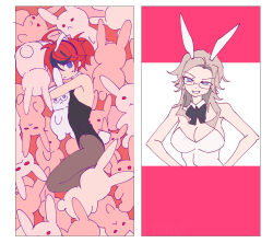  2girls absurdres ahoge animal_ears animalization aotsuki_eito black_leotard black_streaks blue_eyes bow bowtie breasts brown_hair chinese_commentary cleavage detached_collar fake_animal_ears fake_tail genderswap genderswap_(mtf) glasses grin highres large_breasts legs_folded leotard long_hair looking_at_viewer lying multicolored_hair multiple_girls multiple_views on_side pantyhose playboy_bunny purple_eyes rabbit rabbit_ears rabbit_tail red_hair short_hair si_ming smile strapless strapless_leotard streaked_hair sumino_takumi sweatdrop tail the_hundred_line_-last_defense_academy- too_many too_many_rabbits white_leotard 