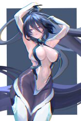  1girl absurdly_long_hair absurdres arms_up azur_lane bodysuit breasts chromatic_aberration commentary_request cowboy_shot gloves hair_between_eyes high_collar highres impossible_bodysuit impossible_clothes kansas_(azur_lane) large_breasts long_hair long_hair_between_eyes partial_commentary red_eyes see-through_bodysuit see-through_clothes silvergrace simple_background solo very_long_hair white_gloves 