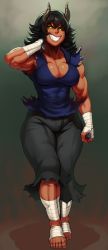 1girl ankle_wrap barefoot black_hair black_sclera borrowed_character breasts cleavage clenched_hand colored_sclera curvy dark-skinned_female dark_skin demon_girl demon_horns full_body glowing glowing_eyes green_eyes grin highres horns large_breasts long_hair looking_at_viewer monster_girl muscular muscular_female nitrotitan no_bra original pants sharp_teeth sleeveless smile solo standing teeth thick_thighs thighs toes torn_clothes torn_pants torn_sleeves wide_hips wrist_wrap rating:Sensitive score:60 user:danbooru