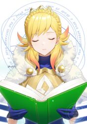  1girl blonde_hair blue_gloves book braid closed_eyes crown crown_braid fire_emblem fire_emblem_heroes gloves gold_trim gradient_hair holding holding_book mantle multicolored_hair nintendo official_alternate_costume parted_lips pink_hair sharena_(fire_emblem) sharena_(hopeful_princess)_(fire_emblem) solo sylphy_fe teeth tiara two-tone_hair upper_body 