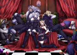 12-dot 1girl 3boys animal_ears bare_shoulders belt blonde_hair blue_eyes boots candle cape cat_ears cat_tail chain cloak copyright_request couch crossdressing crossed_legs curtains dark_skin detached_sleeves doll dress earrings hairband halloween highres jewelry kneeling long_hair multiple_boys open_mouth pants plant ponytail rod sitting skirt tail thigh_strap thighhighs yellow_eyes