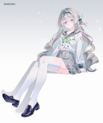  1girl absurdres artist_name black_bow black_hairband black_shoes blue_eyes bow breasts buttons closed_mouth colored_inner_hair commentary double-breasted firefly_(honkai:_star_rail) firefly_(spring_missive)_(honkai:_star_rail) full_body green_hair grey_hair grey_sailor_collar grey_skirt hair_bow hairband higekuru highres honkai:_star_rail honkai_(series) invisible_chair loafers long_hair long_sleeves looking_at_viewer medium_breasts multicolored_eyes multicolored_hair official_alternate_costume purple_eyes sailor_collar school_uniform serafuku shirt shoes sitting skirt smile solo symbol-only_commentary thighhighs thighs two-tone_eyes very_long_hair white_shirt white_thighhighs zettai_ryouiki 