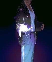  1boy absurdres artist_name black_gloves black_hair black_hat black_pants curly_hair gloves hat highres jacket lympe7 michael_jackson open_clothes open_jacket original outstretched_hand pants sequins shirt smile sparkle white_shirt 