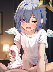  1boy 1girl afterimage amane_kanata blue_hair blush collarbone commentary_request feathered_wings flat_chest grey_hair halo handjob hetero highres hololive looking_at_viewer multicolored_hair non_non_moral open_mouth paid_reward_available panties panties_on_penis penis pink_hair pov pov_crotch purple_eyes shirt short_hair single_hair_intake solo_focus star_halo streaked_hair t-shirt textless_version underwear variant_set virtual_youtuber white_panties white_shirt white_wings wings 