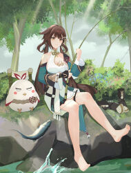  1girl absurdres bare_legs barefoot black_gloves breasts brown_hair chinese_clothes cleavage closed_mouth commentary feet fingerless_gloves fishing fishing_rod gloves hei_yubai_yuan highres holding holding_fishing_rod honkai_(series) honkai_impact_3rd jingwei_(bird) large_breasts legs li_sushang li_sushang_(peregrine_sword) long_hair looking_at_viewer outdoors single_bare_shoulder single_fingerless_glove sitting smile solo toes very_long_hair yellow_eyes 