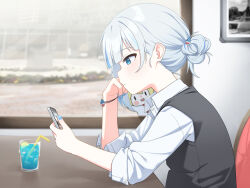  against_glass asymmetrical_hair black_sweater_vest blue_eyes blue_nails blue_streaks blunt_bangs cellphone chair cocktail collared_shirt drinking_straw elbow_on_table food from_side fruit gawr_gura grey_hair hair_bun hair_ornament hair_tie_on_wrist hand_on_own_cheek hand_on_own_face head_rest highres holding holding_phone hololive hololive_english ice ice_cube lemon lemon_slice looking_at_phone multicolored_hair nail_polish partially_unbuttoned phone picture_frame shark_girl shark_hair_ornament shirt sidelocks sitting sleeves_rolled_up smartphone smol_ame streaked_hair sweater_vest table ugaaaa1 unbuttoned_sleeves virtual_youtuber watson_amelia white_shirt window 
