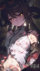  1girl absurdres blush breasts brown_hair china_dress chinese_clothes closed_mouth commentary_request detached_sleeves dress eyewear_on_head flower-shaped_pupils genshin_impact glowing_pupils hair_rings hat highres hu_tao_(cherries_snow-laden)_(genshin_impact) hu_tao_(genshin_impact) long_hair navel red-tinted_eyewear round_eyewear sleeveless sleeveless_dress small_breasts solo steaming_body stomach sushispin sweat symbol-shaped_pupils tinted_eyewear white_dress white_hat white_sleeves 