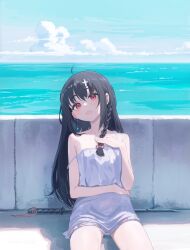  1girl ahoge bare_shoulders black_hair bow braid commentary_request cross_hair_ornament dress dress_bow hair_ornament hand_on_own_chest highres long_hair looking_at_viewer ocean open_mouth original rainen_ganbarimashita red_eyes single_braid sitting solo sundress sword weapon white_dress 