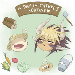  1boy 1girl absurdres animal_ears blonde_hair blush brown_hair cabbage carrot cathyl commentary corn cow_ears cow_girl cow_horns daniel_celestino egg english_commentary faceless faceless_male highres hoe horns log milk monster_musume_no_iru_nichijou mouth_hold multicolored_hair short_hair stalk_in_mouth tomato two-tone_hair white_horns yellow_eyes 