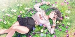  1girl azumi_nanaka bare_legs black_hair black_skirt blue_flower blue_reflection_(series) blue_reflection_sun breasts closed_mouth collarbone flower flower_request from_above game_cg grass grey_eyes hands_up highres kishida_mel long_hair long_sleeves lying medium_breasts midriff_peek non-web_source official_art on_back on_ground one_eye_closed petunia_(flower) purple_flower shirt skirt smile solo swept_bangs twintails very_long_hair white_flower white_shirt 