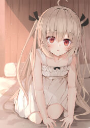 1girl :o absurdres ahoge alternate_costume arm_support atri atri-my_dear_moments- bare_arms black_ribbon blurry blush breasts collarbone commentary_request day depth_of_field dress eyelashes eyes_visible_through_hair frilled_dress frills full_body hair_between_eyes hair_ribbon hair_spread_out highres indoors leaning_forward light_brown_hair light_particles long_hair looking_at_viewer nodoameyatou open_mouth red_eyes ribbon shirt sidelighting sitting sleeveless sleeveless_dress small_breasts solo straight-on straight_hair sundress two_side_up very_long_hair white_dress white_shirt rating:Sensitive score:15 user:danbooru