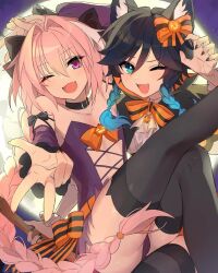  2boys aqua_eyes astolfo_(fate) black_bow black_choker black_hair bow braid braided_ponytail choker fang fangs fate/grand_order fate_(series) full_moon genshin_impact hair_between_eyes halloween_costume highres jack-o&#039;-lantern_ornament moon multicolored_hair multiple_boys nail_polish night night_sky one_eye_closed open_mouth orange_bow orange_nails pink_hair purple_eyes purple_sky single_braid sky tagme thighhighs trap twin_braids two-tone_hair vampire_costume venti_(genshin_impact) wai1010  rating:Sensitive score:34 user:Bashiri