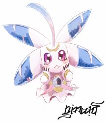 claws crescent_moon digimon digimon_(creature) hands_on_own_cheeks hands_on_own_face highres looking_at_viewer lunamon moon nimadj open_mouth pink_eyes simple_background white_background