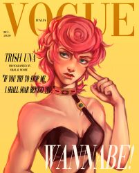  1girl absurdres blue_eyes bra character_name choker closed_mouth commentary cover dated hair_between_eyes highres jojo_no_kimyou_na_bouken kingofwhitelies looking_to_the_side magazine_cover pink_hair pink_nails short_hair solo trish_una underwear upper_body vento_aureo vogue_(magazine) yellow_background 