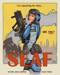  1girl ammunition_belt ammunition_pouch assault_rifle black_gloves blonde_hair blue_eyes bulletproof_vest bullpup cityscape deltamagna english_text flag gloves goggles goggles_on_headwear gun helldiver_(helldivers) helldivers_(series) helmet highres looking_at_viewer patch poster_(medium) pouch propaganda rifle seaf_soldier_(helldivers) short_hair shoulder_patch smile trigger_discipline weapon 